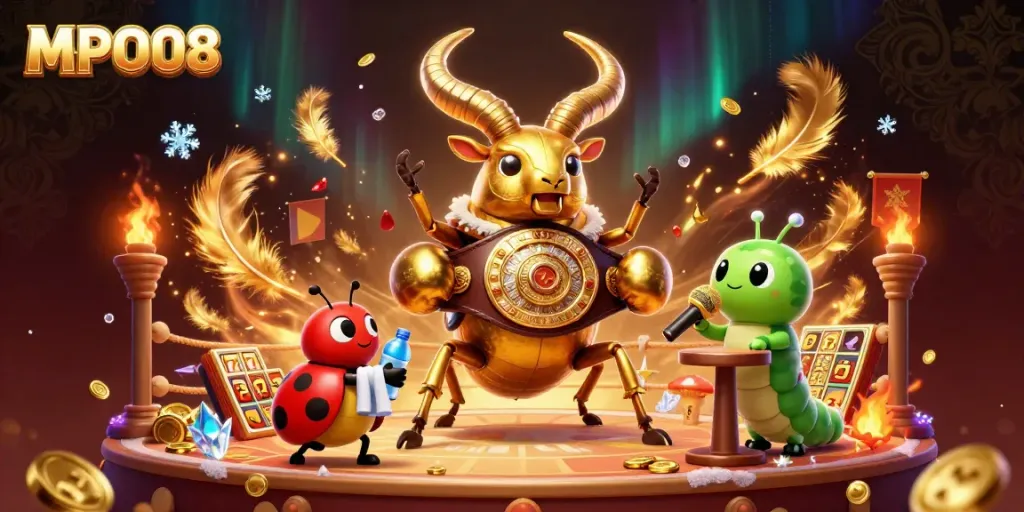 MPO08 showcases a colorful 3D illustration of a giant stag beetle champion in a casino, surrounded by slot symbols and gold.