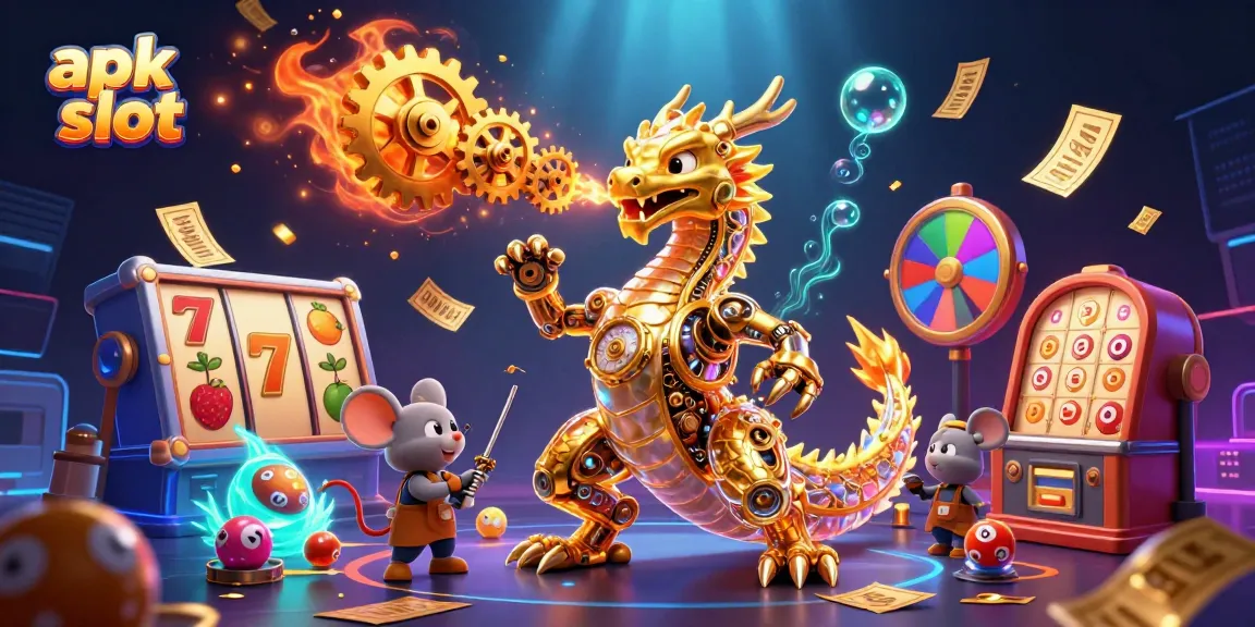 Permainan slot interaktif apk slot yang menampilkan naga mekanik emas dan elemen bonus bercahaya.