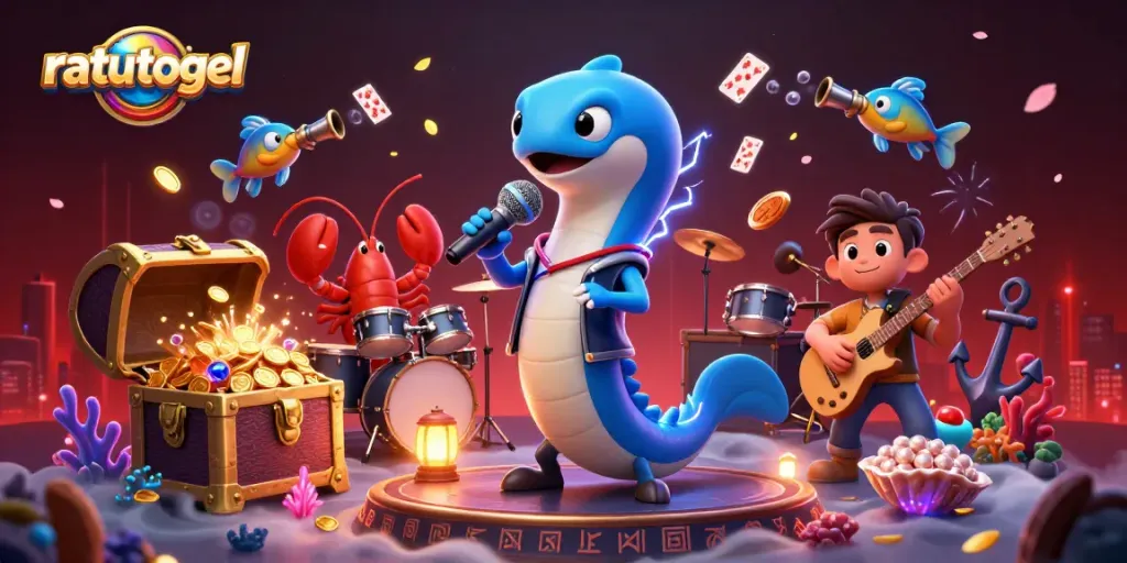 Experience ratutogel excitement with an electric eel DJ, lobster drummer, and seahorse guitarist in a vibrant underwater casino