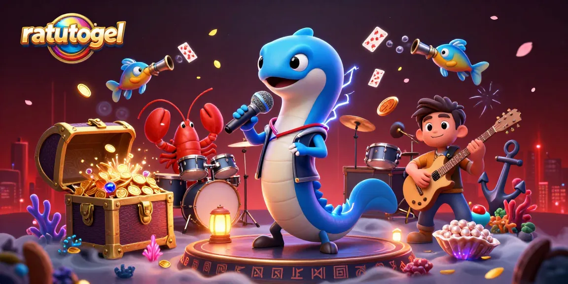 Experience ratutogel excitement with an electric eel DJ, lobster drummer, and seahorse guitarist in a vibrant underwater casino