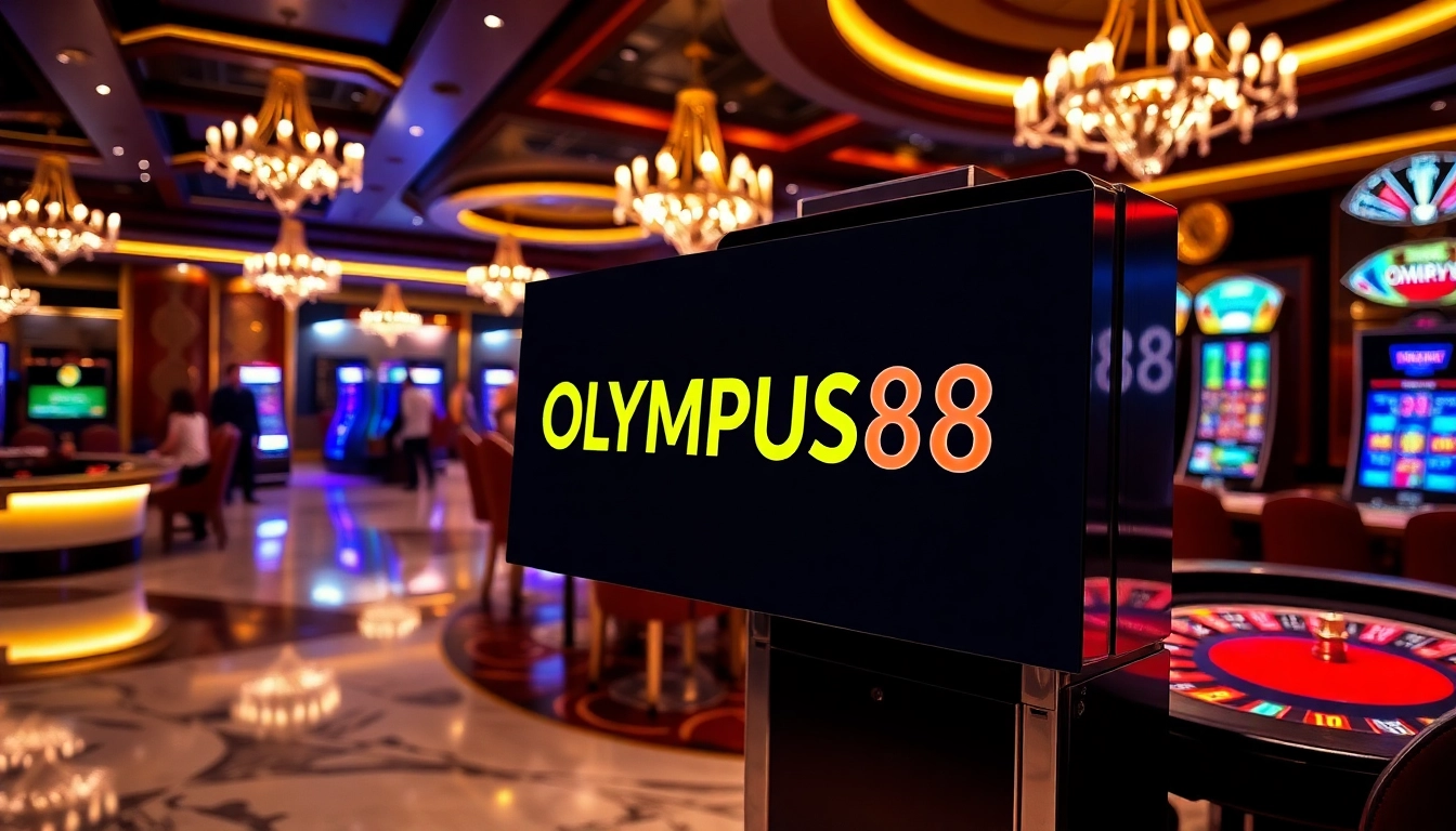 Experience the thrill of OLYMPUS88 at a luxurious casino slot machine with vibrant lights and excited players.