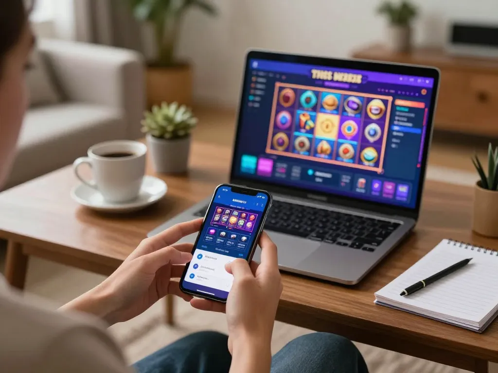 SATRIA123 user engaging in online slot gameplay on a mobile app in a cozy home setting
