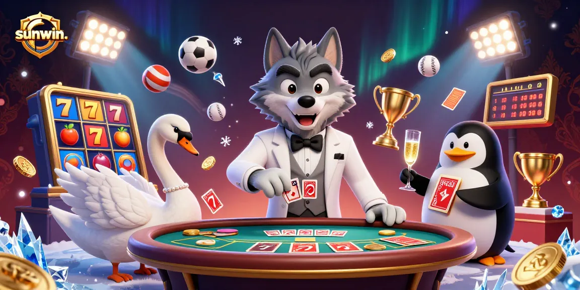 Engage with sunwin. at an extravagant casino scene featuring a debonair wolf, elegant swan, and penguin sommelier.