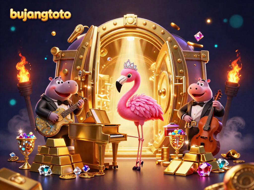 Experience the thrilling energy of bujangtoto's vibrant casino scene with singing flamingos and dazzling treasures.