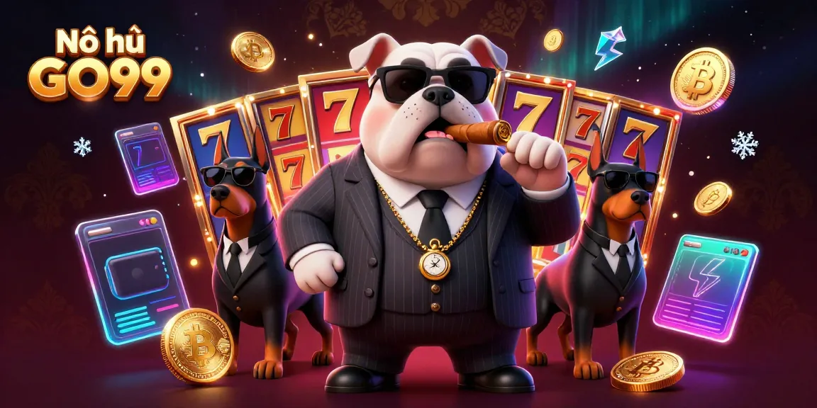 Nổ hũ GO99 features an illustrated mafia bulldog and Dobermans amidst vibrant slot gaming elements.