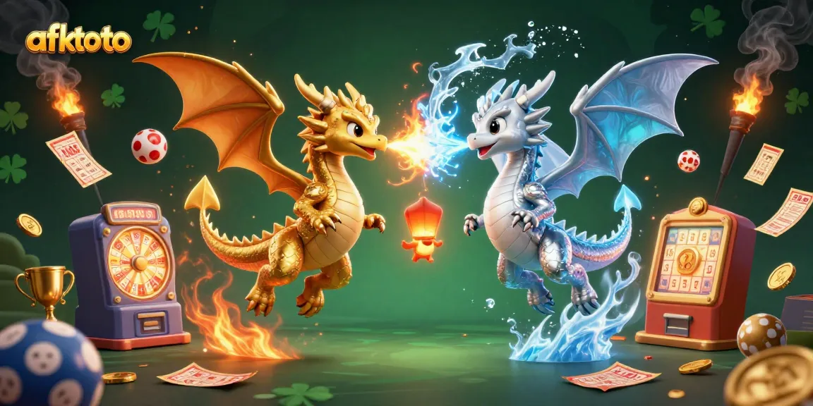 Engage in thrilling lottery action with afktoto's vibrant 3D illustration showcasing dragons and dynamic game elements.