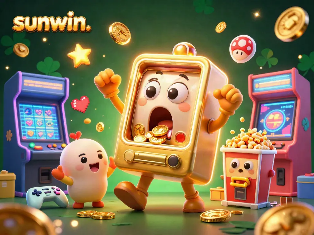 Experience thrilling jackpots with sunwin. as golden coins cascade from a cartoon slot machine amid a vibrant casino scene.