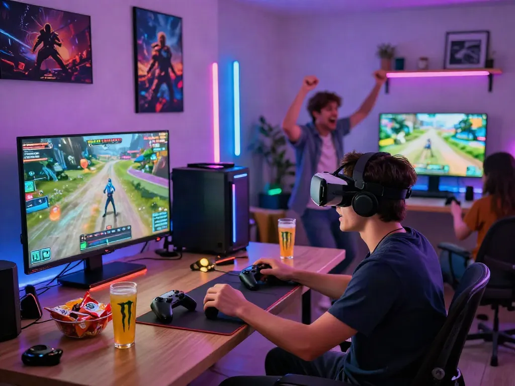 Pengalaman Kediritoto bermain game online yang seru di ruang tamu penuh warna.