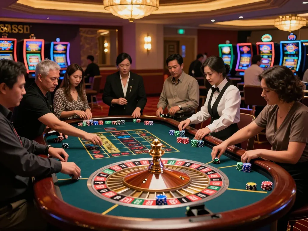 pemain alexis500 terlibat di meja roulette dalam suasana kasino yang hidup.