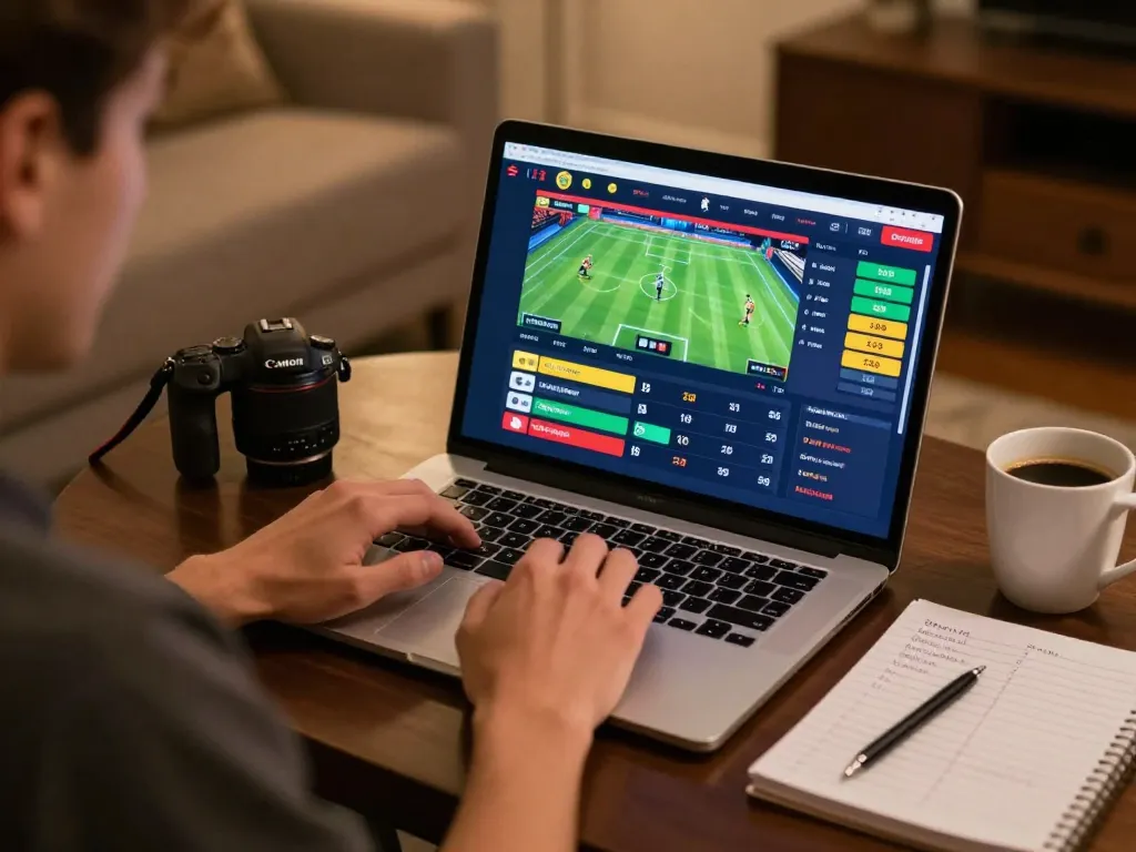MPOID player engaging in strategic sports betting from home with laptop and notes.