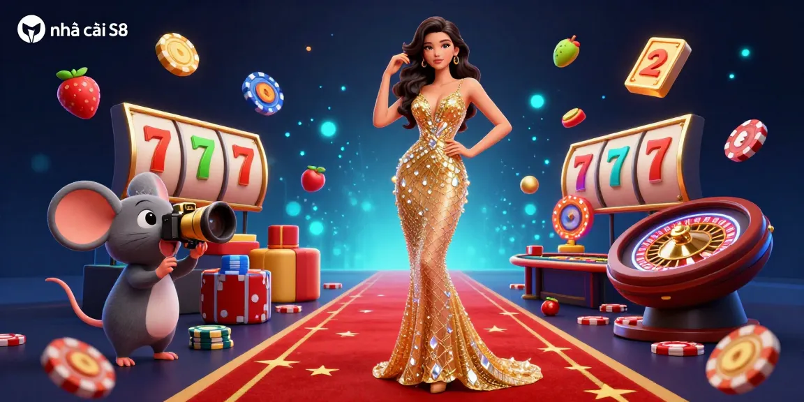 Engage with nhà cái S8 through a dazzling 3D illustration featuring dynamic casino elements and a glamorous atmosphere.