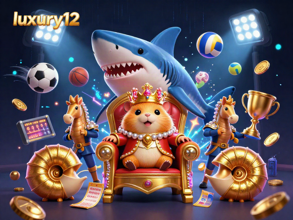 Experience luxury12 with a fierce golden hamster king amidst vibrant casino elements and dynamic sports action.