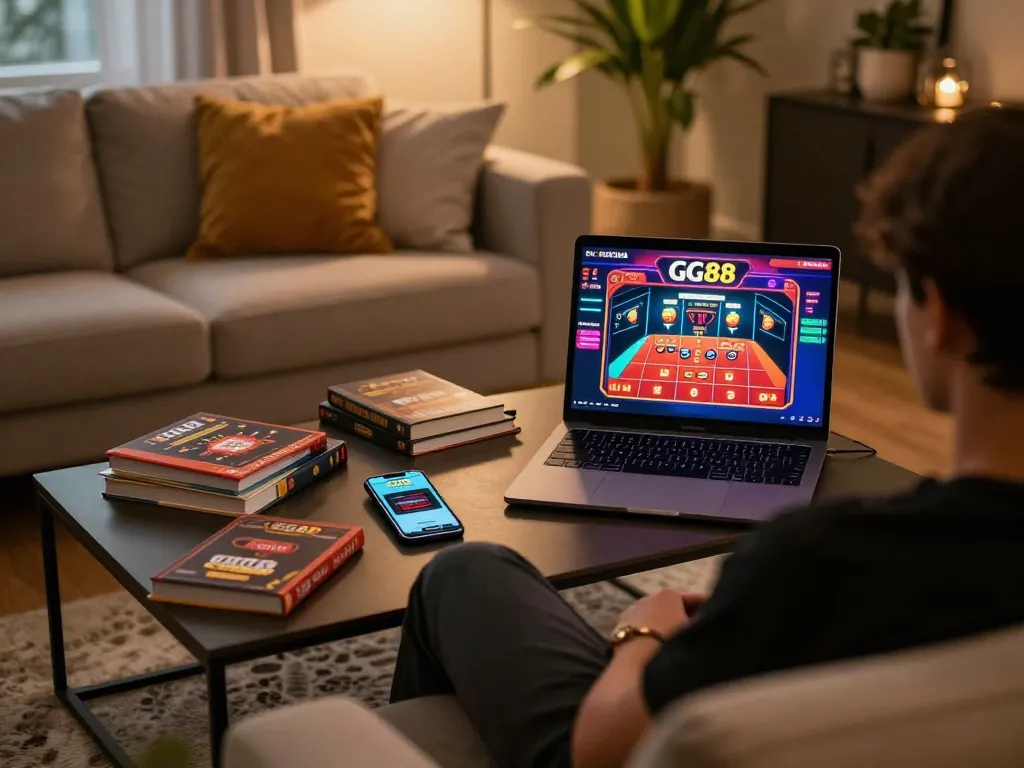 Player engaging with GG88 online casino on laptop, showcasing interactive gaming experience.