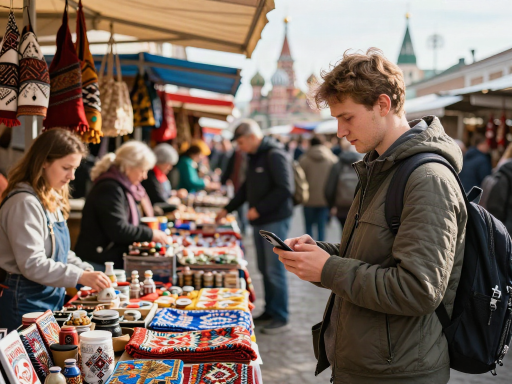 Pengunjung menggunakan https://payinrussia.com/ untuk membayar di pasar tradisional Rusia.
