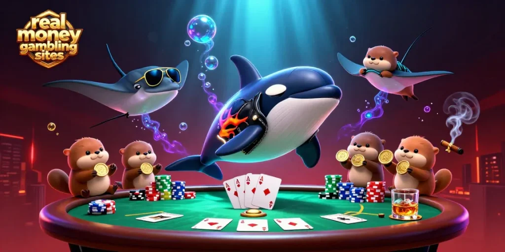 Revel in the excitement of real money gambling sites with orca and stingray amidst poker brilliance.