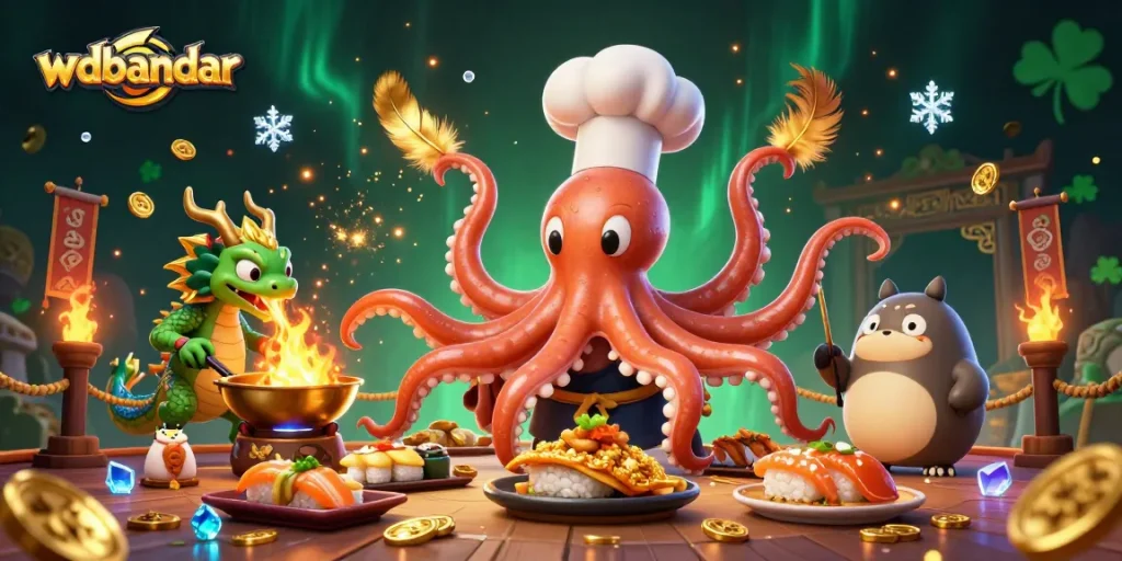 Engage in thrilling wdbandar adventures as a sushi chef octopus prepares gourmet dishes in a bustling casino
