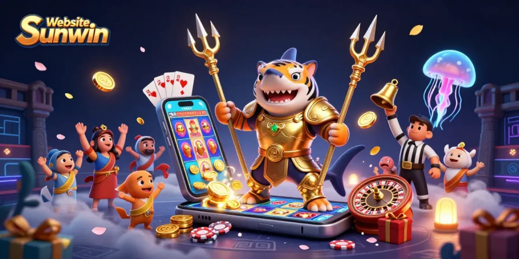 Experience the thrill of gambling with Website Sunwin's vibrant 3D casino scene featuring a shark gladiator and interactive games.