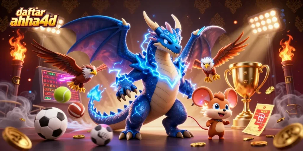 Daftar ahha4d menunjukkan gerakan dinamis dalam ilustrasi kasino dengan naga dan bola olahraga.