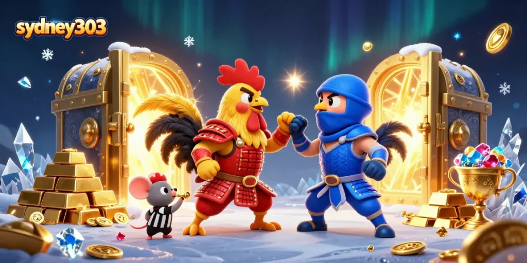 sydney303 bertarung dalam ilustrasi kasino 3D, menampilkan ayam jantan bertarung yang epik dan elemen kemenangan