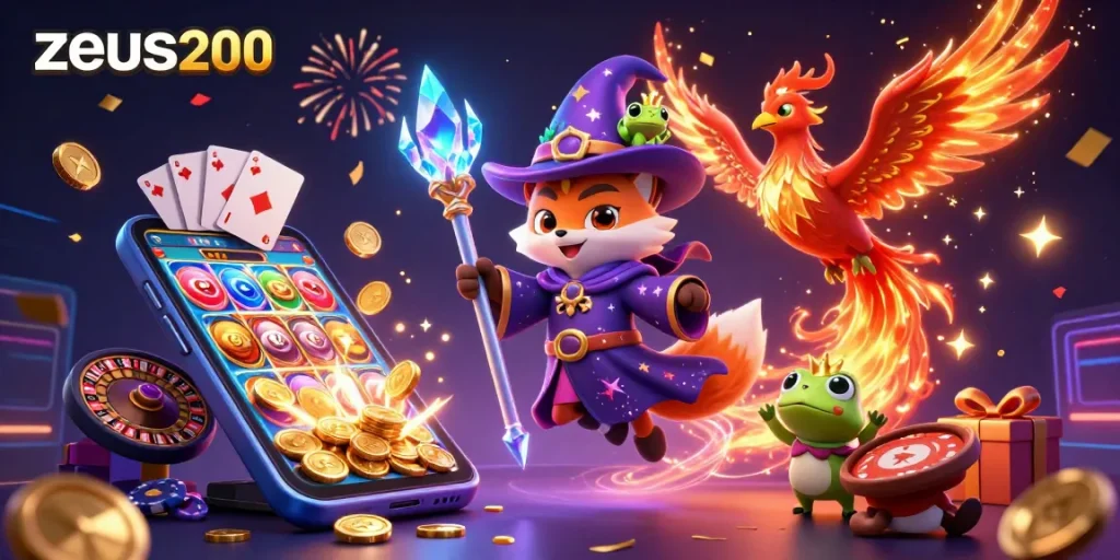 Permainan slot zeus200 dengan karakter sihir dan elemen kasino yang menakjubkan.