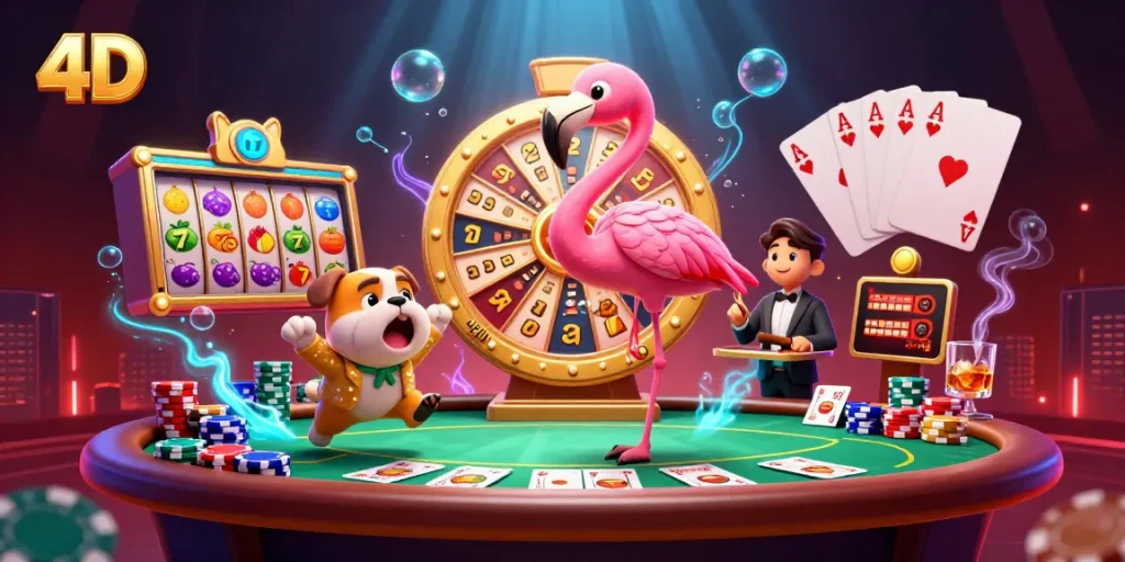 Spin the 4D slot wheel with a flamingo host amidst vibrant casino fun and excitement.