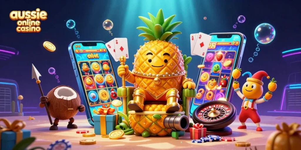Engaging scene of aussie online casino featuring a golden pineapple king with vibrant game elements around him.
