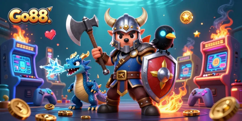 Engage in the exciting world of Go88. with a Viking wolf warrior, fierce dragon, and glowing game elements.