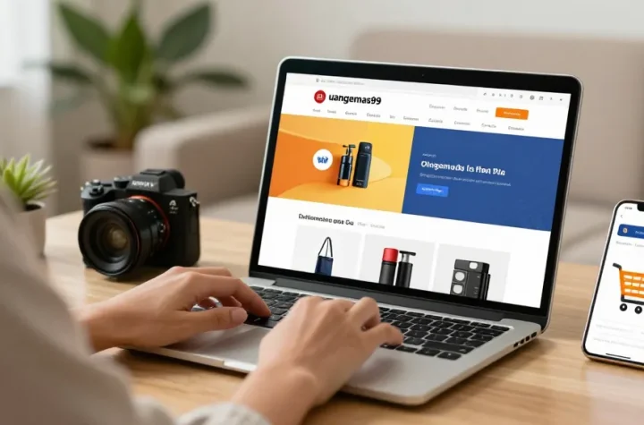 Pengalaman belanja online di uangemas99 dengan pengguna yang terlibat dan produk berwarna-warni.